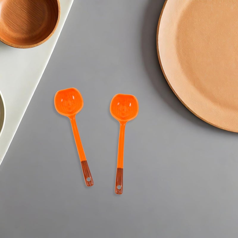 Healeved 5pcs Ceramic Pumpkin Soup Spoon Set, Orange Halloween Thanksgiving Cartoon Design, Long Handle Asian Style Kitchen Utensils for Soup, Stew, Ramen, and Dumplings - Image 5