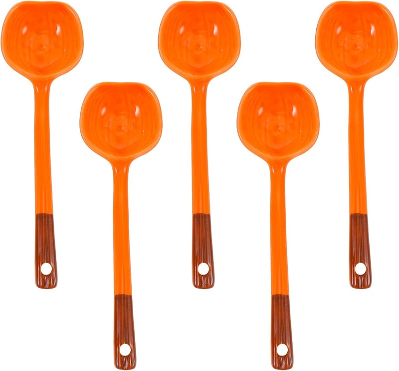 Healeved 5pcs Ceramic Pumpkin Soup Spoon Set, Orange Halloween Thanksgiving Cartoon Design, Long Handle Asian Style Kitchen Utensils for Soup, Stew, Ramen, and Dumplings - Image 1
