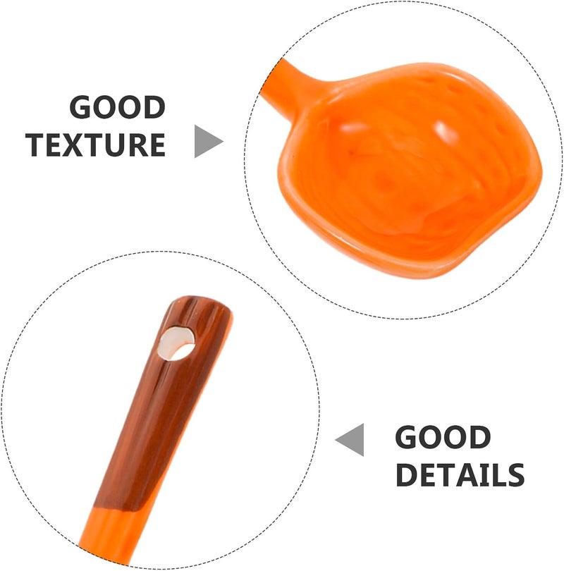 Healeved 5pcs Ceramic Pumpkin Soup Spoon Set, Orange Halloween Thanksgiving Cartoon Design, Long Handle Asian Style Kitchen Utensils for Soup, Stew, Ramen, and Dumplings - Image 3