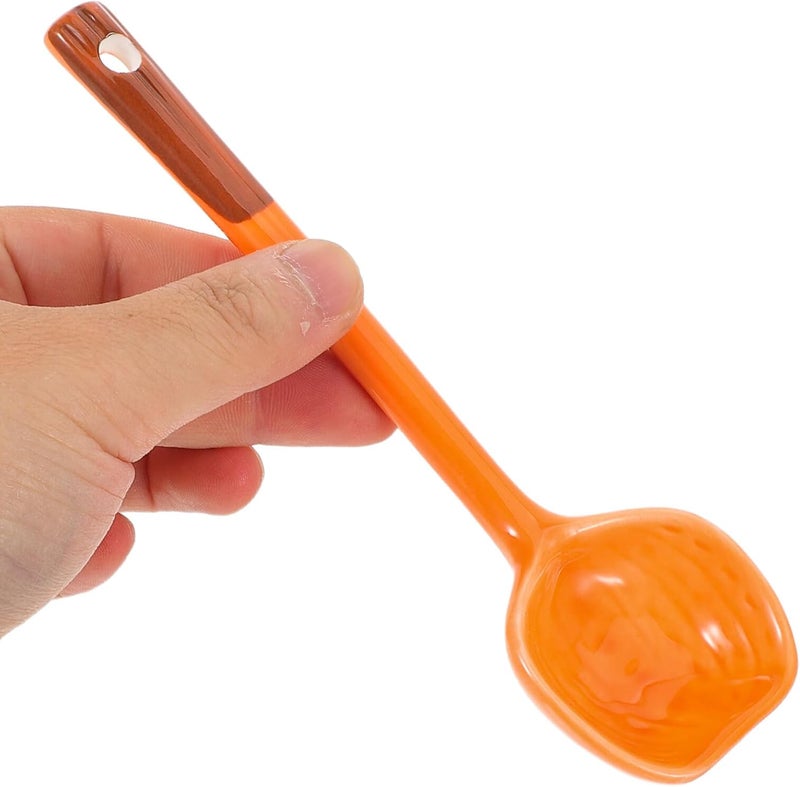Healeved 5pcs Ceramic Pumpkin Soup Spoon Set, Orange Halloween Thanksgiving Cartoon Design, Long Handle Asian Style Kitchen Utensils for Soup, Stew, Ramen, and Dumplings - Image 4