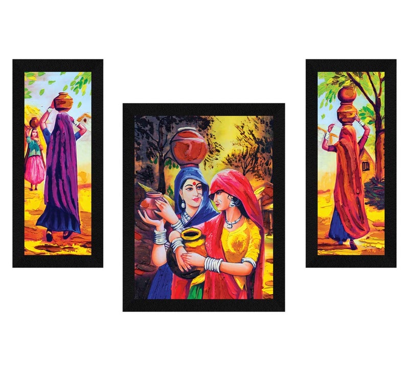 ArtX Paper Vastu Indian Village Scene Women Wall Art Painting Multicolor Indian Villlage 130 X 220 Inches Set of 3