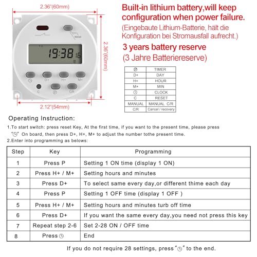 Heschen Digital LCD Power Weekly Programmable Timer Relay Switch, CN101A, AC200-230V, 16Amp, SPST, with Waterproof Cover CE White - Image 5