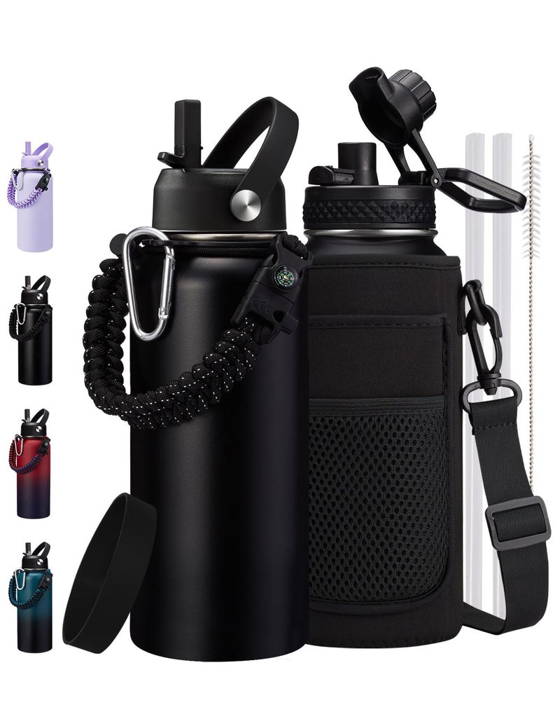 ICIOI 32oz Insulated Water Bottle Flask - Cold-48h & Hot-24h  Stainless Steel Water Bottle Hydro Cup with Paracord Handle  Straw & Spout Lids  Strap Carrier Bag  Meta Water Bottle for Sports Fitness Hiking - Image 1