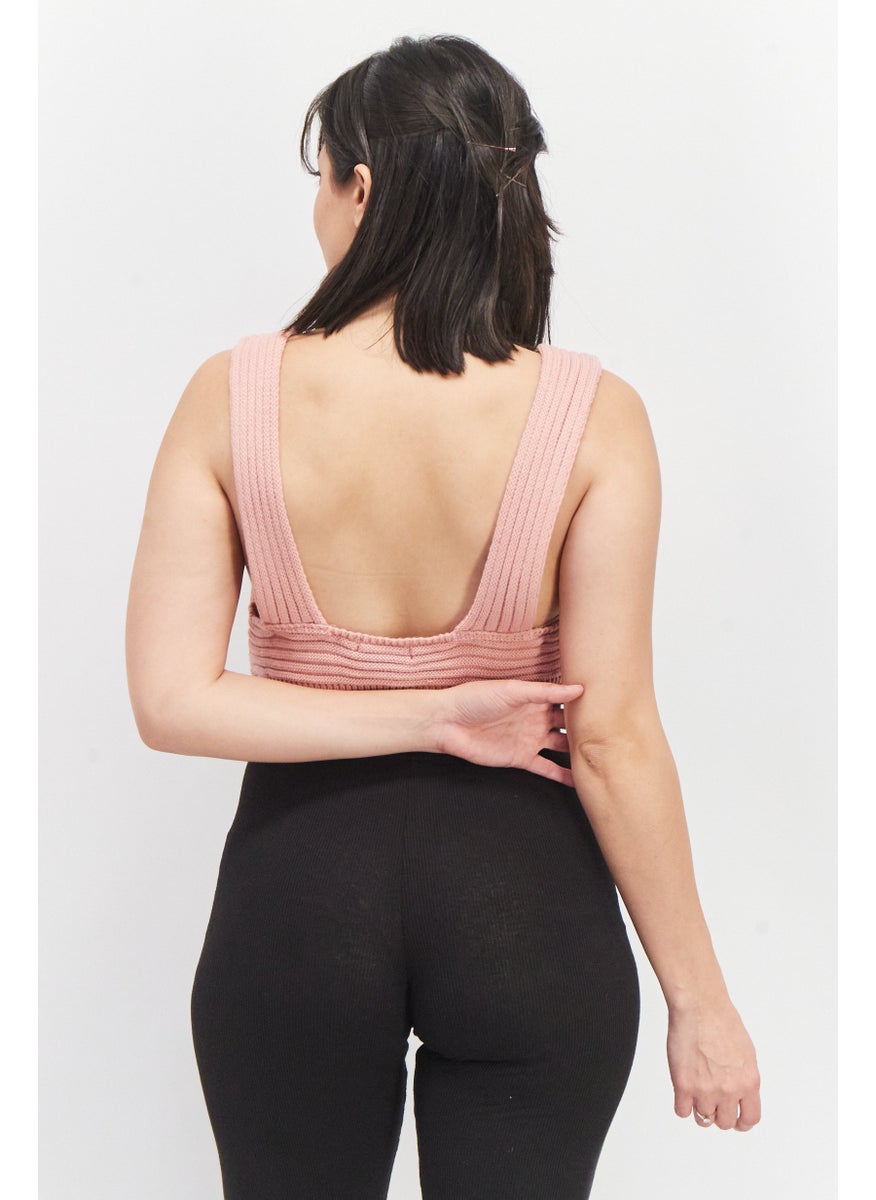 Missguided - Women V-Neck Sleeveless Textured Knitted Crop Top, Pink - Image 1