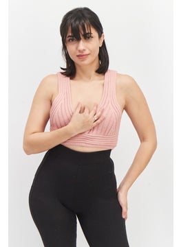Women V-Neck Sleeveless Textured Knitted Crop Top, Pink