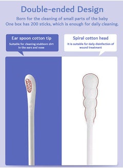فيرستار 200 Pcs Baby Cotton Swabs, Double-ended Paper Cotton Buds with Ear Scoop and Spiral, for Personal Care and Cleaning  - Image 3