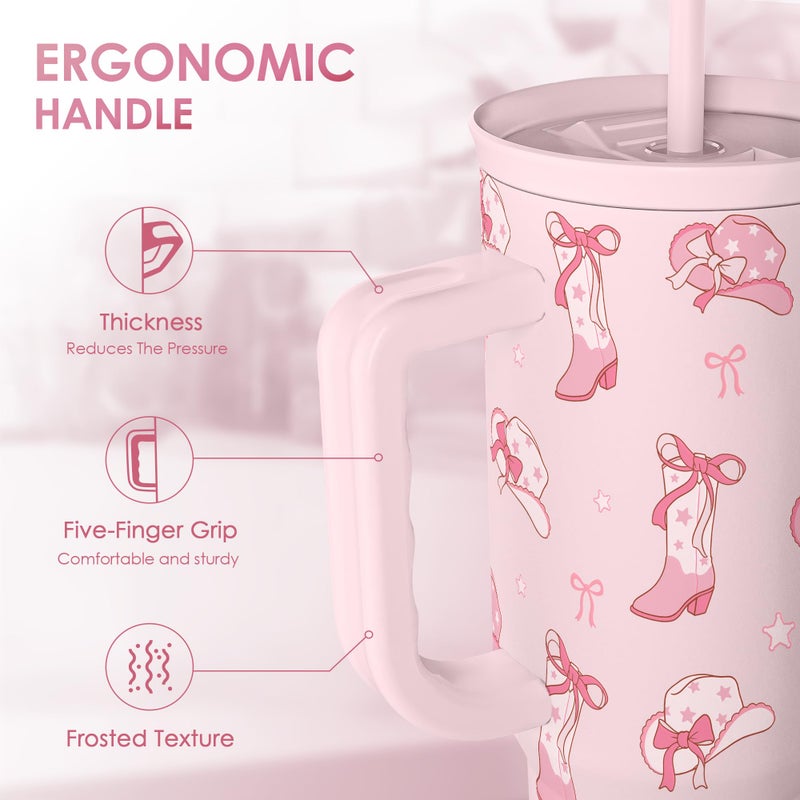 SANDJEST Cowgirl 40oz Slider Tumbler with Handle and Straw - Insulated Stainless Steel Travel Coffee Mug for Women Girls, Gift for Birthday, Christmas - Image 3