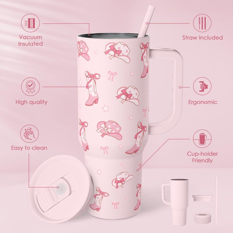 SANDJEST Cowgirl 40oz Slider Tumbler with Handle and Straw - Insulated Stainless Steel Travel Coffee Mug for Women Girls, Gift for Birthday, Christmas - Image 2