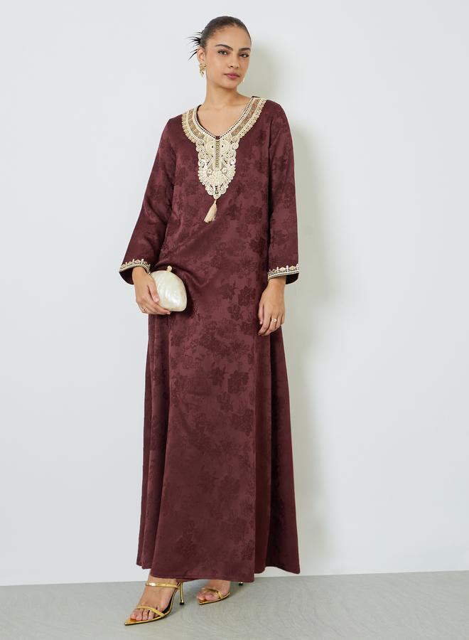 Amirah Burgundy Lace Insert Embellished Jalabiya - Image 1