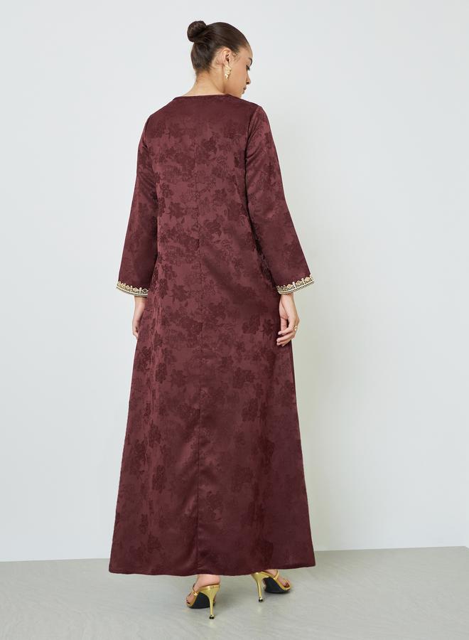 Amirah Burgundy Lace Insert Embellished Jalabiya - Image 3