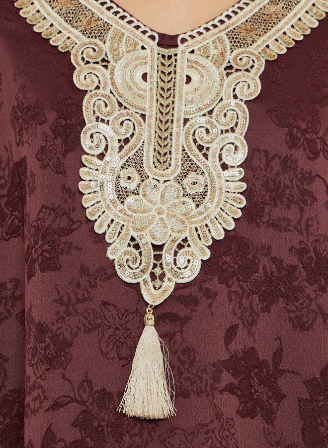 Amirah Burgundy Lace Insert Embellished Jalabiya - Image 4
