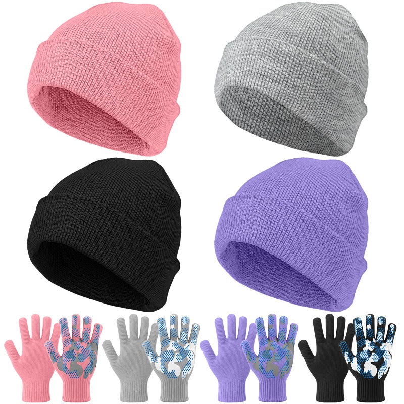 Evervibe 8 Pack Kids Beanie Hats and Gloves Set Knitted Beanies Hat Warm Stretch Gripper Gloves Winter Hats for Boys Girls, Pastel, 5-11 Years - Image 1