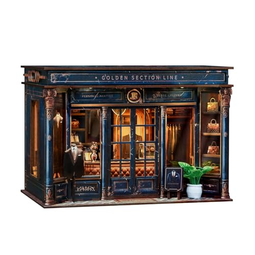 IBOHEYE DIY Book Nook Kit DIY Miniature Dollhouse Kit 3D Wooden Puzzles Gentlemans Clothing Store Tiny House Bookshelf Decor with LED Gift for Adults Teens Golden Section Line - Image 1