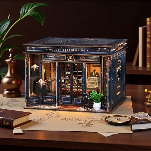 IBOHEYE DIY Book Nook Kit DIY Miniature Dollhouse Kit 3D Wooden Puzzles Gentlemans Clothing Store Tiny House Bookshelf Decor with LED Gift for Adults Teens Golden Section Line - Image 5