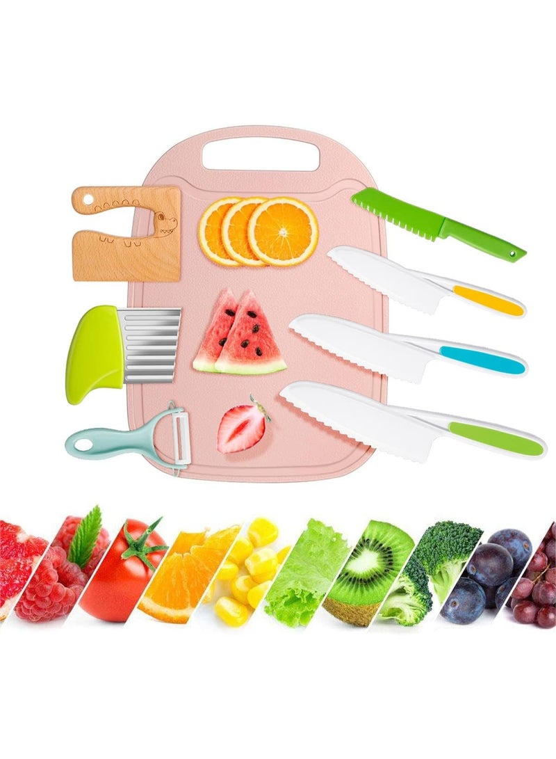 Suitable for real cooking, 4-piece cooking knife set with plastic serrated edges, children's wooden safety knife, Y-peeler and cutting board - Image 1