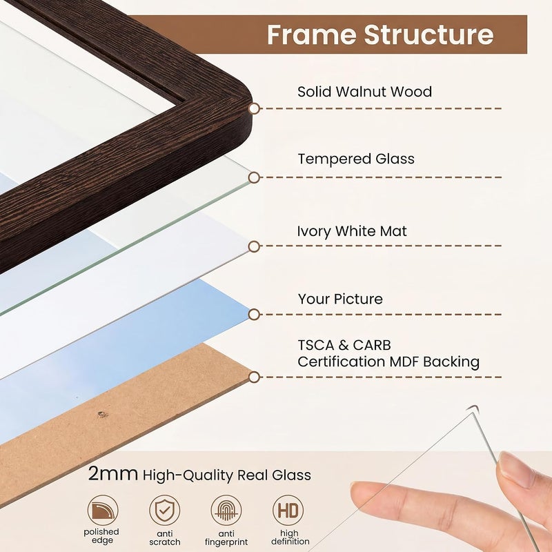 FLYJOE 8x10 Picture Frame,Natural Solid Wenge Wood 8 x 10 Photo Frame with HD Tempered Glass,Handcrafted Rounded Corner 8 by 10 Wooden Frames Matted to 5x7,8x10 Frame Wall Decor for Photo,Family,Wedding - Image 4