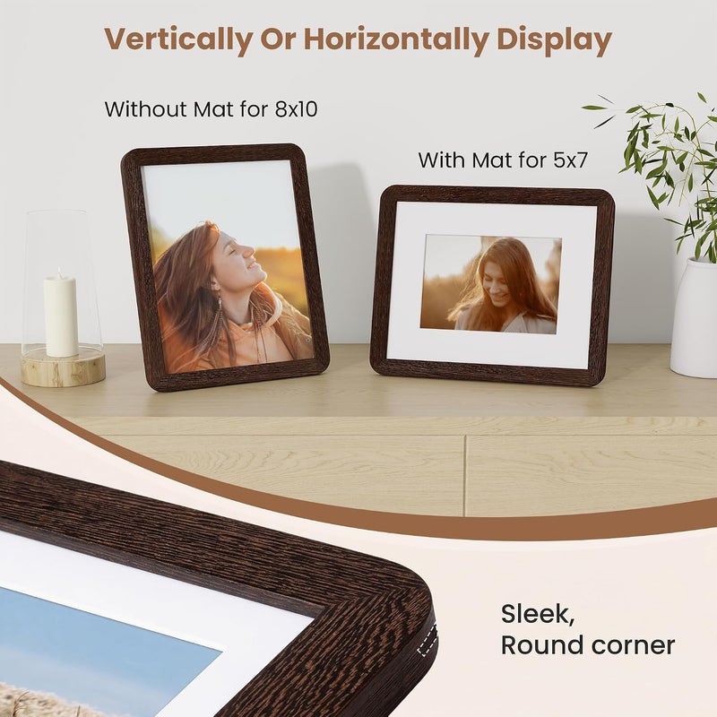 FLYJOE 8x10 Picture Frame,Natural Solid Wenge Wood 8 x 10 Photo Frame with HD Tempered Glass,Handcrafted Rounded Corner 8 by 10 Wooden Frames Matted to 5x7,8x10 Frame Wall Decor for Photo,Family,Wedding - Image 3