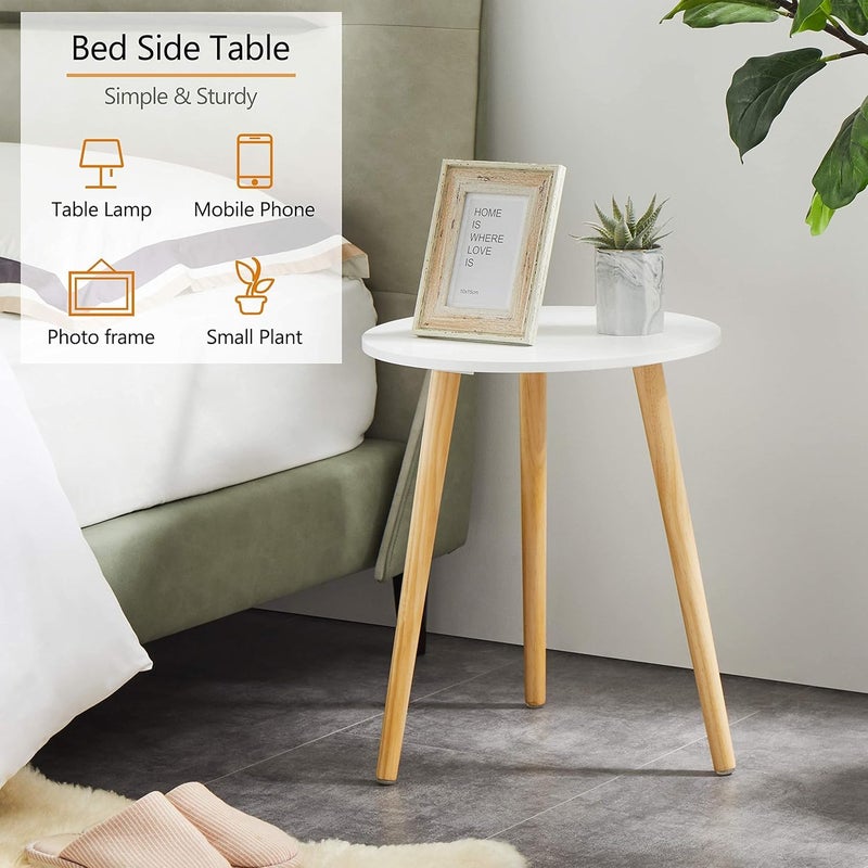 FendiHome Round Wooden Side Table, 40cm Beech and MDF Melamine, Beige Minimalist Nightstand with PVC Top, Modern Accent Table for Living Room and Bedroom (White) - Image 2