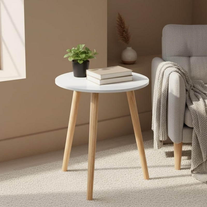 FendiHome Round Wooden Side Table, 40cm Beech and MDF Melamine, Beige Minimalist Nightstand with PVC Top, Modern Accent Table for Living Room and Bedroom (White) - Image 1