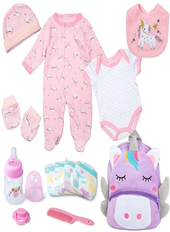 Pedolltree Reborn Baby Dolls Clothes Girl Unicorn Theme Outfit Accessories 13 Pcs for 17-22 Inch Reborn Dolls Newborn Baby Girl with Pink Unicorn Backpack - Image 1