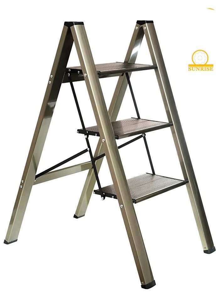 SUNRISE - 3 Steps Ladder Aluminum Folding Step Stool With Anti Slip Sturdy And Wide Pedal Light weight Portable Multi Use Stepladder For Home And Kitchen Use Space Saving - Image 1