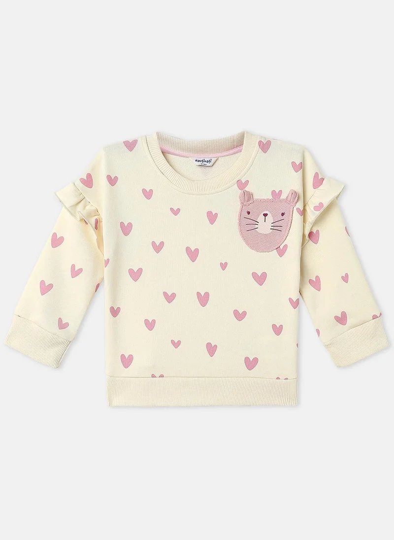 Nautinati Nautinati Girls Snow White Heart Printed And Cat Applique Full Sleeves Fleece Sweatshirt