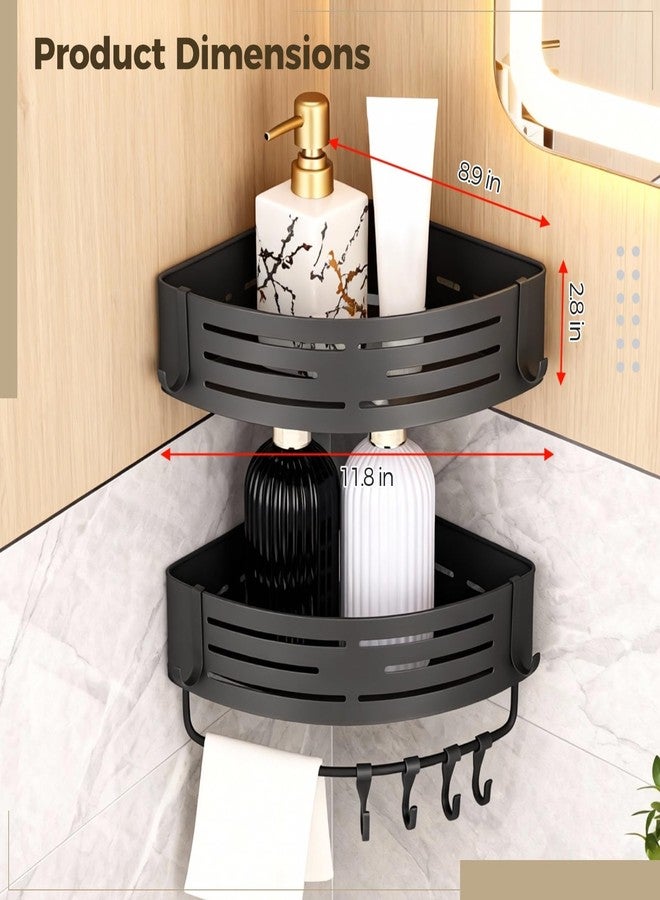 DORMIYA 2 Pcs Corner Shower Caddy, No Drilling Aluminum Organizer, Triangular Bathroom Shelves with Towel Bar & Hooks, Rustproof Wall Mount Space-Saving for Shower & Kitchen - Self-adhesive - Image 4