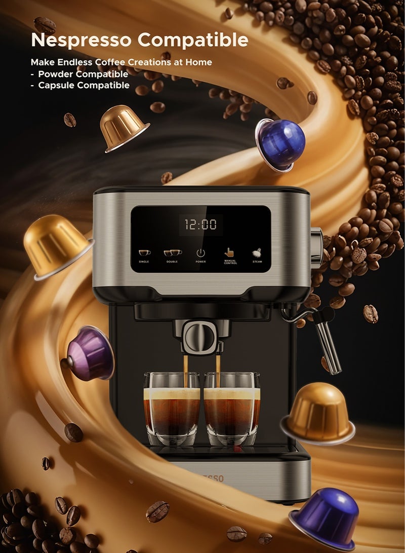 LePRESSO Digital Dual Drip Barista Coffee Machine with 20 Bar High Pressure Coffee Machine, 1.5L Water Capacity, 1100W, Espresso Maker with Touch Display & Pre-Brew, for Espresso, Latte, Cappuccino - Black - Image 2