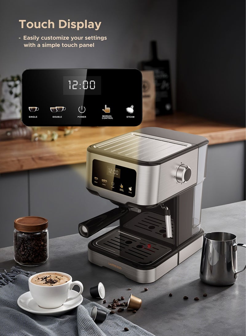 LePRESSO Digital Dual Drip Barista Coffee Machine with 20 Bar High Pressure Coffee Machine, 1.5L Water Capacity, 1100W, Espresso Maker with Touch Display & Pre-Brew, for Espresso, Latte, Cappuccino - Black - Image 4