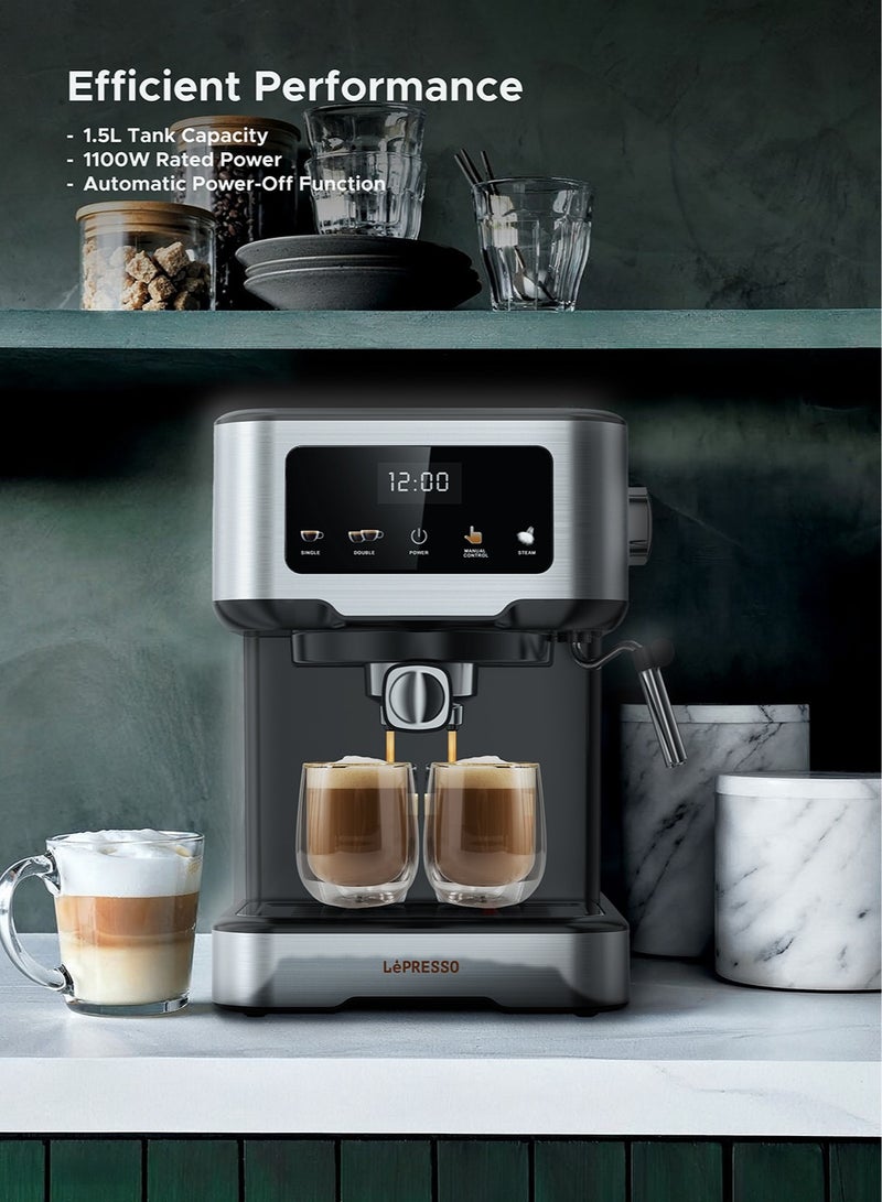 LePRESSO Digital Dual Drip Barista Coffee Machine with 20 Bar High Pressure Coffee Machine, 1.5L Water Capacity, 1100W, Espresso Maker with Touch Display & Pre-Brew, for Espresso, Latte, Cappuccino - Black - Image 3