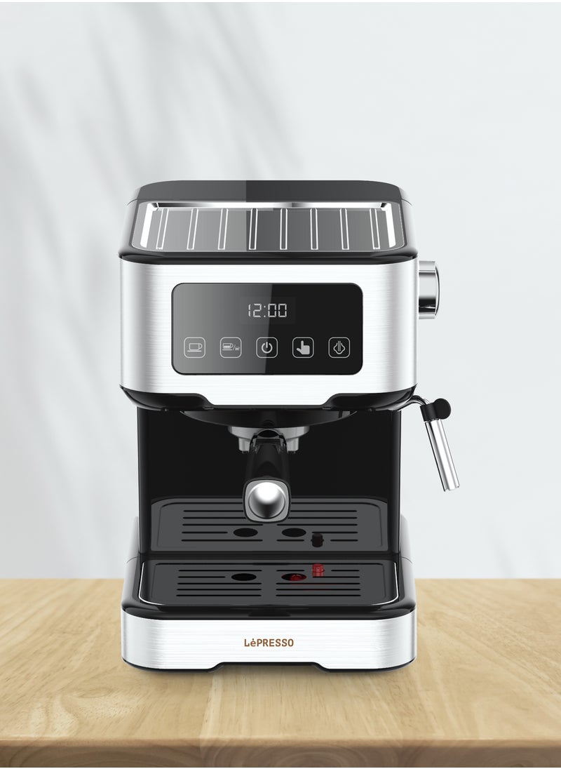 LePRESSO - Digital Dual Drip Barista Espresso Coffee Machine with 15 bar Pressure Pump and Capsule Filter with Touch Display & Milk Steamer Coffee Maker - Black - Image 1