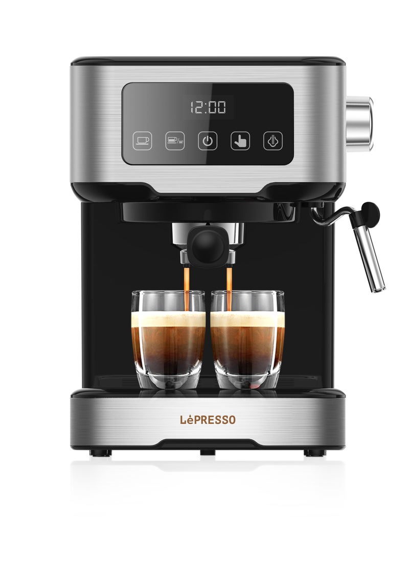 LePRESSO - Digital Dual Drip Barista Espresso Coffee Machine with 15 bar Pressure Pump and Capsule Filter with Touch Display & Milk Steamer Coffee Maker - Black - Image 1