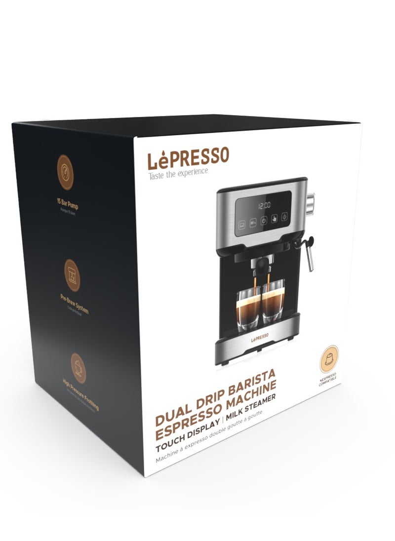 LePRESSO - Digital Dual Drip Barista Espresso Coffee Machine with 15 bar Pressure Pump and Capsule Filter with Touch Display & Milk Steamer Coffee Maker - Black - Image 1