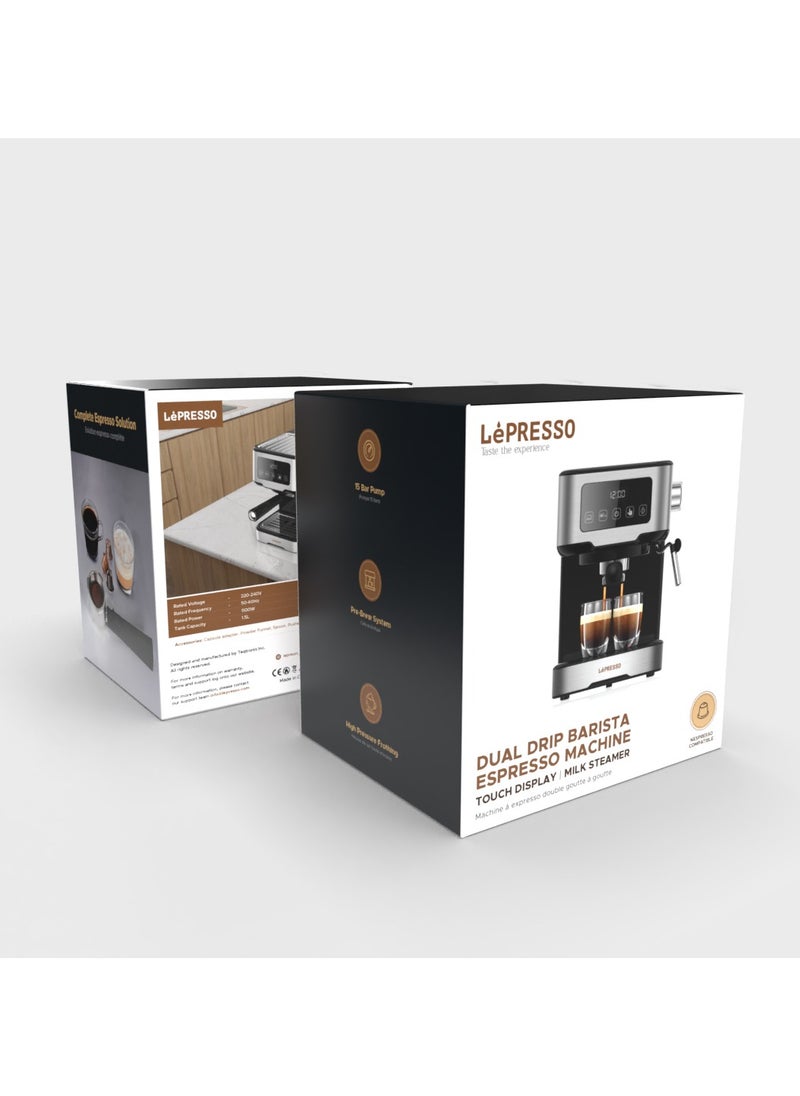 LePRESSO - Digital Dual Drip Barista Espresso Coffee Machine with 15 bar Pressure Pump and Capsule Filter with Touch Display & Milk Steamer Coffee Maker - Black - Image 1