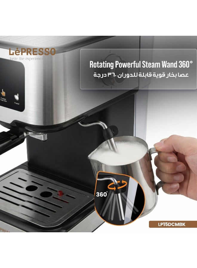 LePRESSO Digital Dual Drip Barista Coffee Machine with 20 Bar High Pressure Coffee Machine, 1.5L Water Capacity, 1100W, Espresso Maker with Touch Display & Pre-Brew, for Espresso, Latte, Cappuccino - Black - Image 3