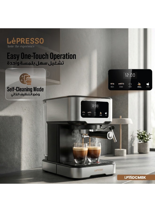 LePRESSO Digital Dual Drip Barista Coffee Machine with 20 Bar High Pressure Coffee Machine, 1.5L Water Capacity, 1100W, Espresso Maker with Touch Display & Pre-Brew, for Espresso, Latte, Cappuccino - Black - Image 4