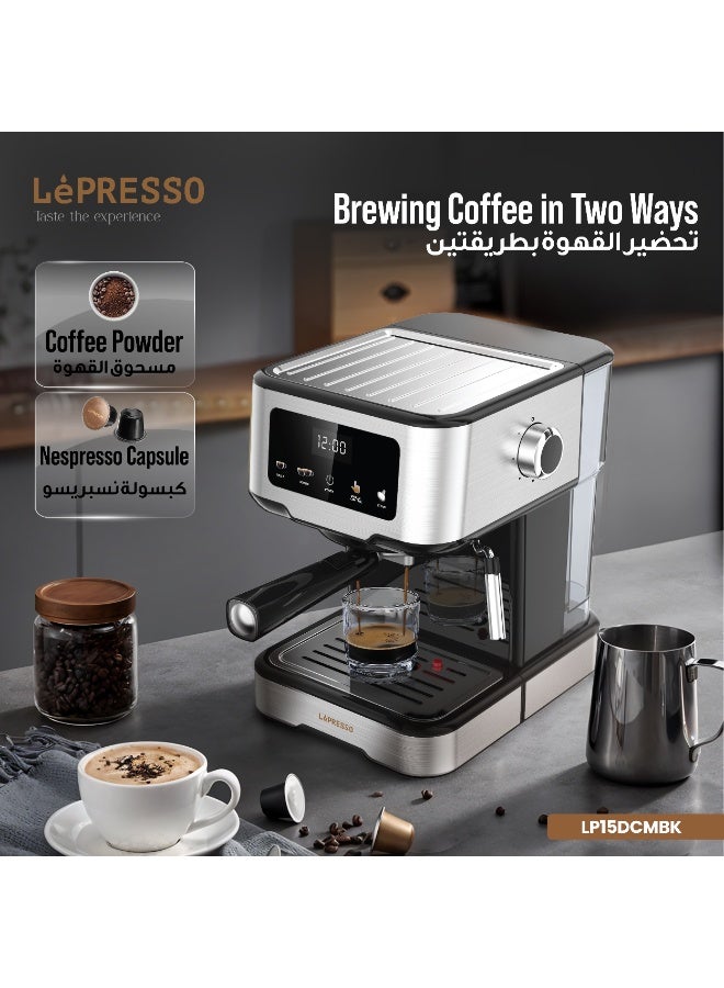 LePRESSO Digital Dual Drip Barista Coffee Machine with 20 Bar High Pressure Coffee Machine, 1.5L Water Capacity, 1100W, Espresso Maker with Touch Display & Pre-Brew, for Espresso, Latte, Cappuccino - Black - Image 5