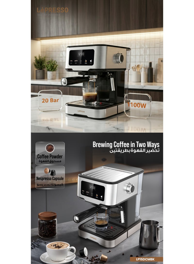 LePRESSO Digital Dual Drip Barista Coffee Machine with 20 Bar High Pressure Coffee Machine, 1.5L Water Capacity, 1100W, Espresso Maker with Touch Display & Pre-Brew, for Espresso, Latte, Cappuccino - Black - Image 2