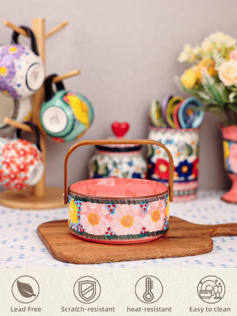 silesia Handmade Candy Bowl with Wooden Handle, 20 oz Hand-Painted Berry Bowl, Portable Handcrafted Serving Dish for Fruit, Nuts & Snacks, Rustic Farmhouse Decor (Glazed Pink) - Image 3
