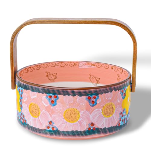 silesia Handmade Candy Bowl with Wooden Handle, 20 oz Hand-Painted Berry Bowl, Portable Handcrafted Serving Dish for Fruit, Nuts & Snacks, Rustic Farmhouse Decor (Glazed Pink) - Image 1