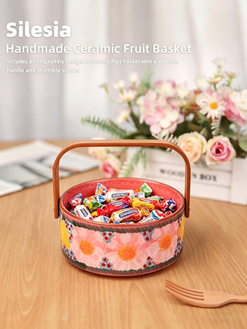 silesia Handmade Candy Bowl with Wooden Handle, 20 oz Hand-Painted Berry Bowl, Portable Handcrafted Serving Dish for Fruit, Nuts & Snacks, Rustic Farmhouse Decor (Glazed Pink) - Image 5