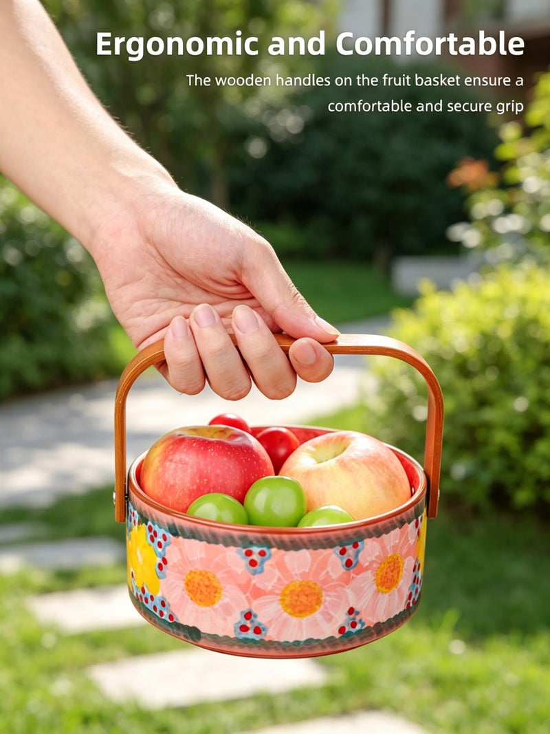 silesia Handmade Candy Bowl with Wooden Handle, 20 oz Hand-Painted Berry Bowl, Portable Handcrafted Serving Dish for Fruit, Nuts & Snacks, Rustic Farmhouse Decor (Glazed Pink) - Image 4