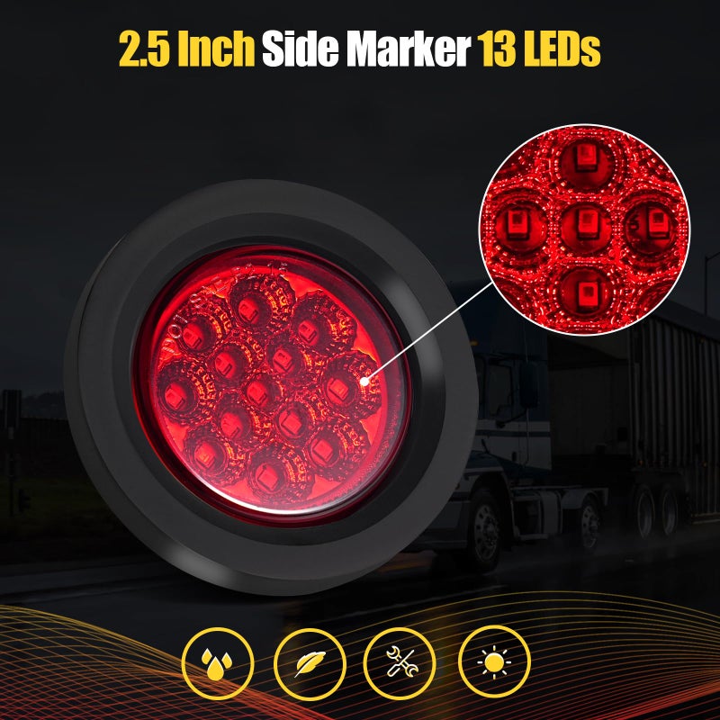 PVerandio 8Pcs 2.5" Red Round 13 LED Side Marker Clearance Lights with Light Grommet and 2-prong Wire Pigtail for Trailer Truck RV, Flush Mount, 12V, IP67 Waterproof - Image 4