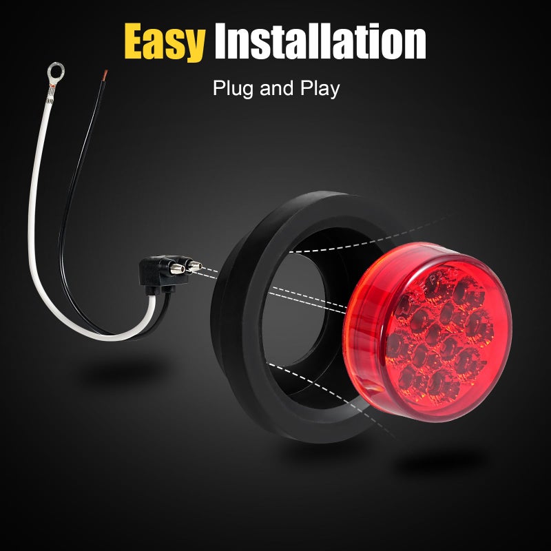 PVerandio 8Pcs 2.5" Red Round 13 LED Side Marker Clearance Lights with Light Grommet and 2-prong Wire Pigtail for Trailer Truck RV, Flush Mount, 12V, IP67 Waterproof - Image 5