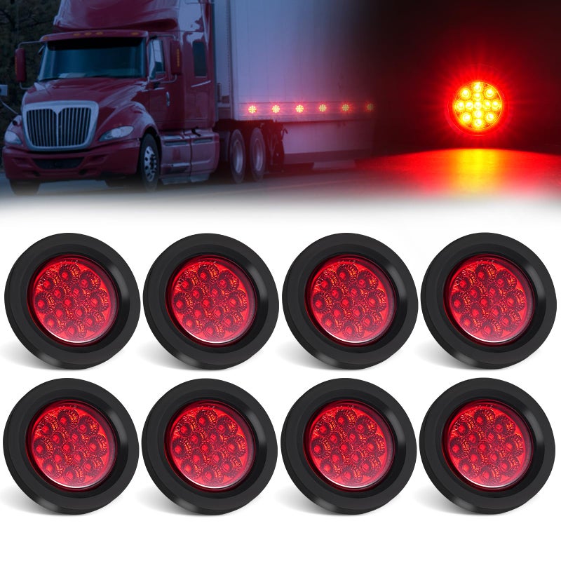 PVerandio 8Pcs 2.5" Red Round 13 LED Side Marker Clearance Lights with Light Grommet and 2-prong Wire Pigtail for Trailer Truck RV, Flush Mount, 12V, IP67 Waterproof - Image 1