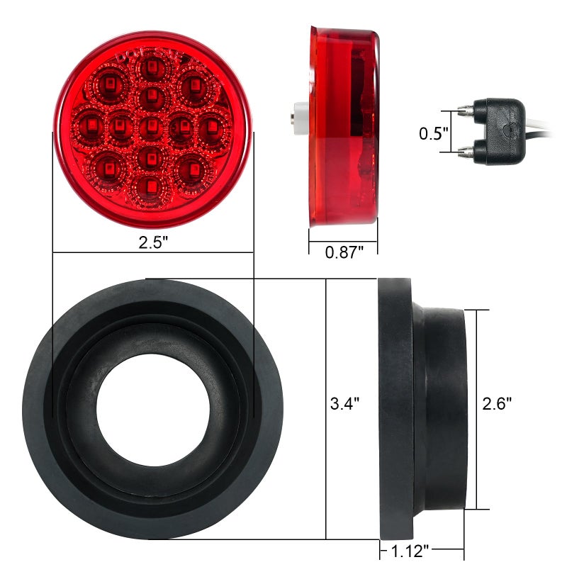 PVerandio 8Pcs 2.5" Red Round 13 LED Side Marker Clearance Lights with Light Grommet and 2-prong Wire Pigtail for Trailer Truck RV, Flush Mount, 12V, IP67 Waterproof - Image 2
