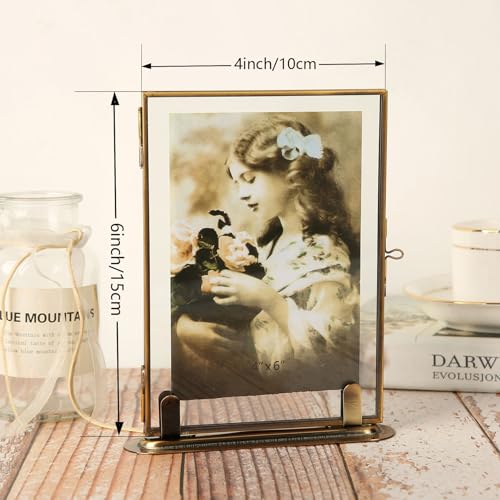 Goutangen 4x6 Brass Floating Frame Vintage Gold Picture Frames Double Glass Pressed Flower Frame with Metal Stand Tabletop Shelf Photo Frame Decor for Wedding Home Office - Image 3