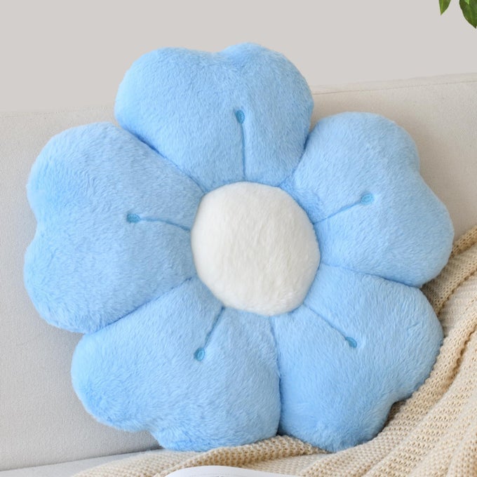 FLOWER SHAPED PILLOW CUTE DECORATIVE THROW PILLOW WITH SOFT ARTIFICIAL RABBIT FUR FOR COUCH BED CHAIR FLOOR FLOWER PILLOWS SEATING CUSHIONS WITH ROOM DCOR FOR BEDROOM LIVING ROOM 196 BLUE