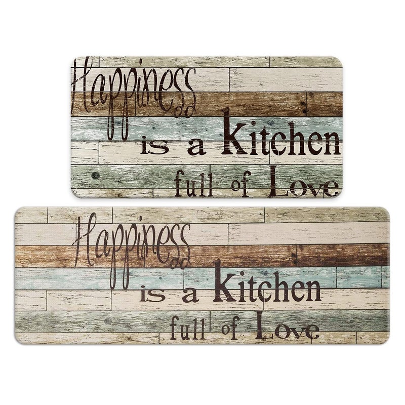 FRESHMINT Farmhouse Kitchen Mats Sets 2 Piece Cushioned Comfort Mat for Home Office Ergonomically Engineered Memory Foam Kitchen Rug Waterproof NonSkid 30 by 17 47 by 17Happiness