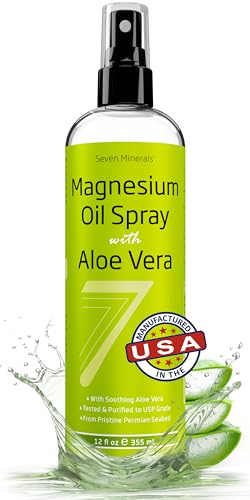 Seven Minerals Pure Magnesium Oil Spray with Aloe Vera 12oz Pharmaceutical USP Grade Highest Strength with Instant Relief for Feet Sleep Muscle Pain Cramps Mined in The USA